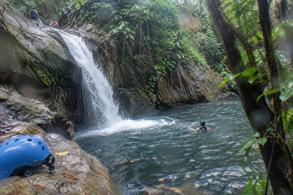 Water plunging over a dark rock ledge into a deep pool ringed by wet jungle foliage