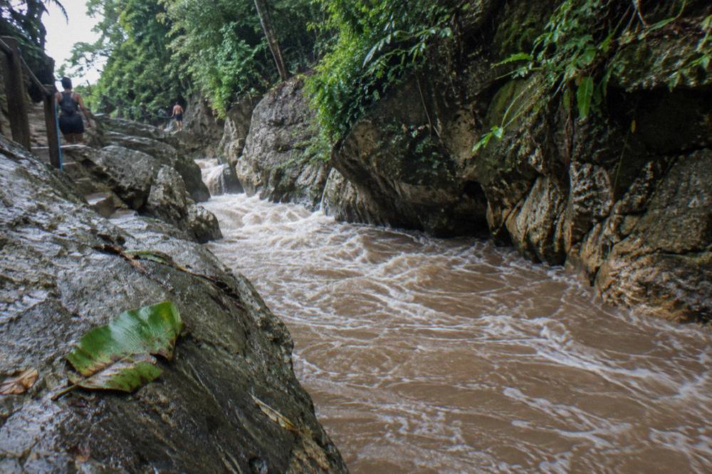 Swollen jungle river flowing fast between wet limestone walls after rain