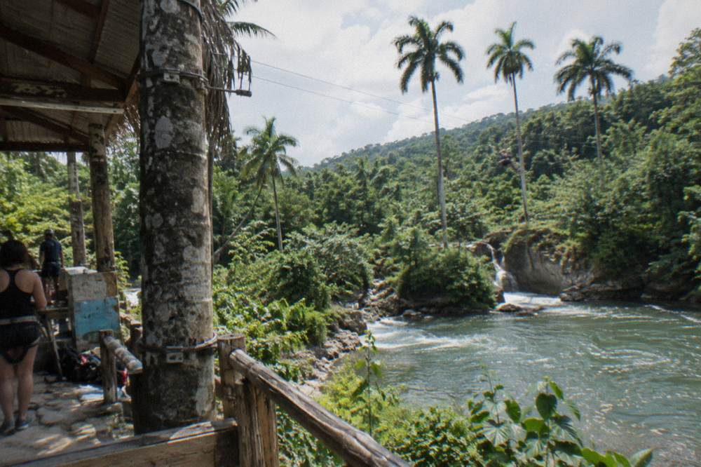 Zipline cables strung between trees above a green tropical valley