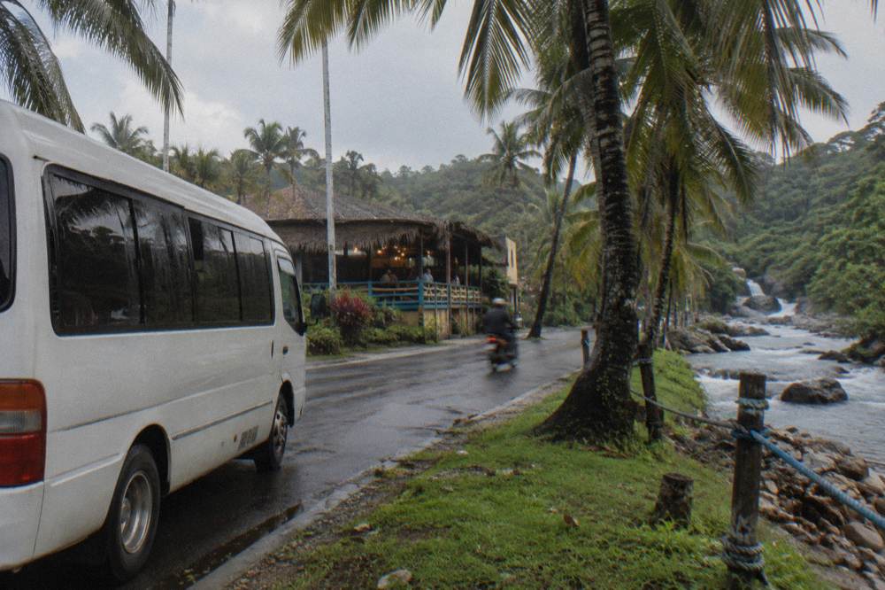 Air-conditioned tour minibus parked on a palm-lined road in the morning