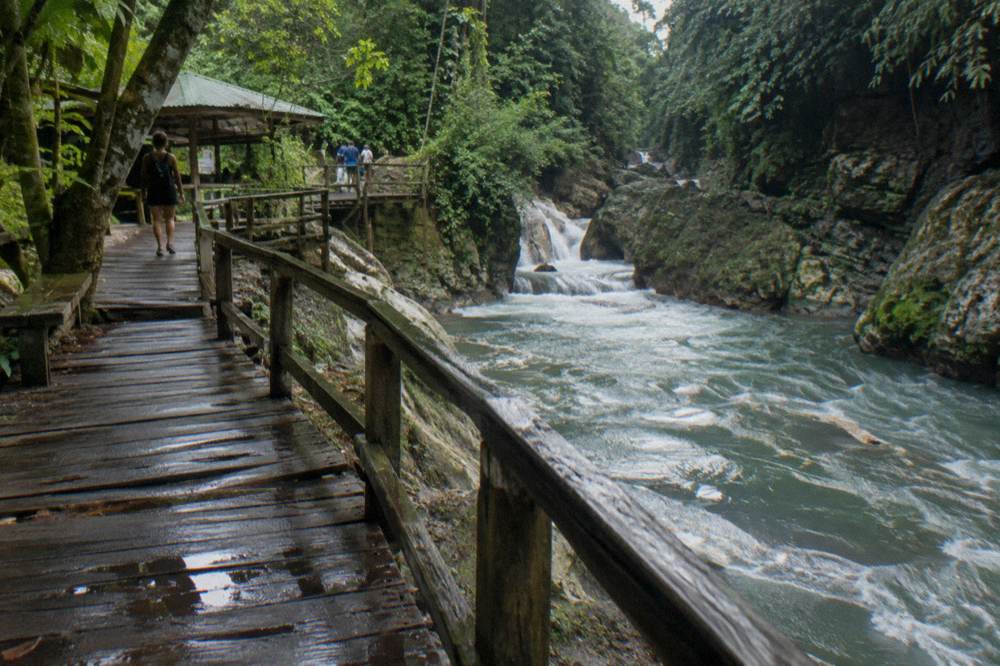 Wooden walkway and forest trail above the Damajagua river before the descent